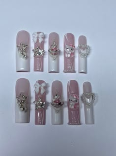 Nail prep kit included️ Baddie Charm Nails, Sweetheart Nails, Nails With Charms, Charm Nails, Grad Nails, Hello Kitty Nail, Kitty Nail, Pink Nail Colors, Coquette Nails