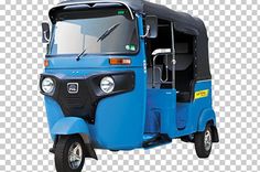 a blue and black three wheeled vehicle with no passenger seat on the front, against a white background