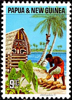 a stamp with an image of a man in front of a hut and palm trees