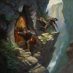 two men climbing up the side of a cliff to reach a golden door with ropes