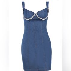 Denim Dress With Zipper Closure Light Stretch Runs Small Blue Denim Mini Dress For Party, Party Denim Dress In Medium Wash, Sleeveless Medium Wash Denim Party Dress, Medium Wash Mini Dress For Party, Chic Denim Party Dress, Elegant Fitted Denim Dress For Party, Elegant Denim Party Dress, Chic Denim Dress For Party, Chic Party Denim Dress