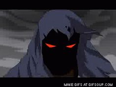 an animated image of a person with red eyes and a hood on, staring at the camera