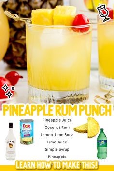 a pineapple rum punch recipe is shown in this ad for the new drink, learn how to make this