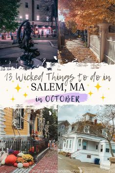 Bewitched statue, orange leaves on the sidewalk, fall decor on historic home, Hocus Pocus House Boston Travel