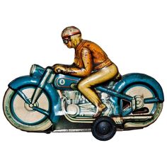 a man riding on the back of a blue motorcycle