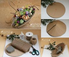 the instructions for making a flower basket with twine and burlocks are shown