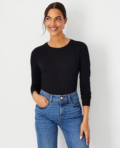 Our long sleeve crew neck top is a style essential - in a palette of have-to-have hues. Crew neck. Long sleeves.,Hit:Hits at hip,Imported:Imported,Fit:Soft & stretchy fit,Length:24 1/2" long,Fabrication:100% Cotton,Garment Care:Machine Washable Long Sleeve Crew Neck Top by Ann Taylor Size regular - 2XS Black Women's Crew, Neck, Long, Sleeve, Shirts, Tops, 100%, Cotton, Machine, Washable High Neck Long Sleeve Top, Petite Casual, Raglan Sleeve Sweater, Hip Style, Knitted Suit, Black Long Sleeve Shirt, Petite Tops, Crew Neck Top, Fashion Essentials