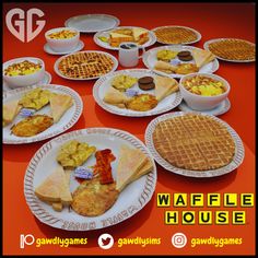 waffle house breakfast plates are arranged on an orange table with the words waffle house