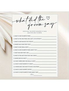 what did the groom say? card with white feathers on top and black ink writing