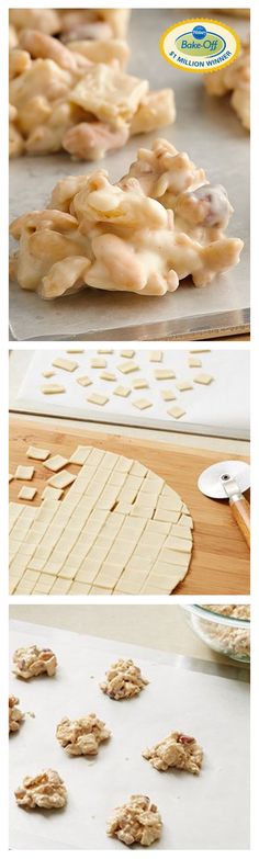 the process of making cookies is shown in three different stages, including baking and cutting