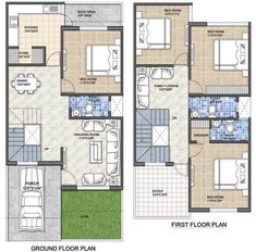 two story house plan with three bedroom and an attached living room, kitchen and dining area