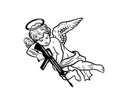 Angel Gunslinger Tattoo, Angle With Ak47 Tattoo, Cherub With Ak Tattoo, Angel Holding Ak Tattoo, Fallen Angel Tattoo Stencil, Cupid Tattoo Design, Angel With Ak Tattoo, Kartu Tarot, Cupid Tattoo