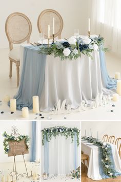 the table is decorated with blue and white flowers, greenery and candles for an elegant wedding