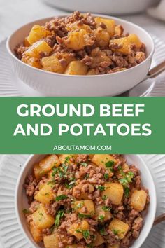 two bowls filled with ground beef and potatoes on top of a white plate next to another bowl