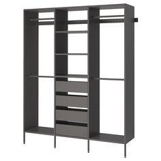 an open bookcase with shelves and drawers on each side, in dark grey finish