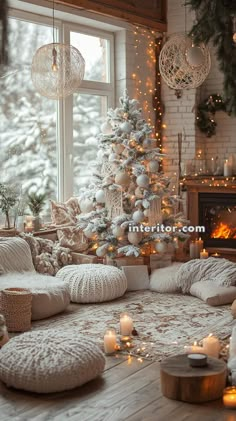 a living room filled with furniture and a christmas tree next to a window covered in lights