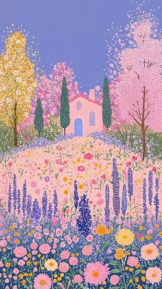 a painting of a house surrounded by flowers and trees