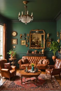 a living room filled with furniture and a chandelier