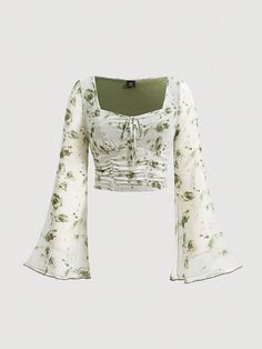 Verde Casual Collar manga larga Tela tejida Floral  Embellished Estiramiento medio Cropped Long Sleeve Shirt, Cute Cottage Core Clothes, Summer Tops With Sleeves, Tops With Flared Sleeves, Shirts Plus Size, Flare Shirt Outfit, Long Sleeves Shirts, Mom Clothing, Cute Tops For Women Casual