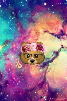 a bear with glasses and flowers on its head in the middle of a space filled with stars