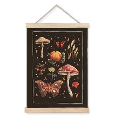 a painting hanging on a wall with mushrooms and butterflies