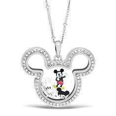 a mickey mouse necklace with diamonds on it