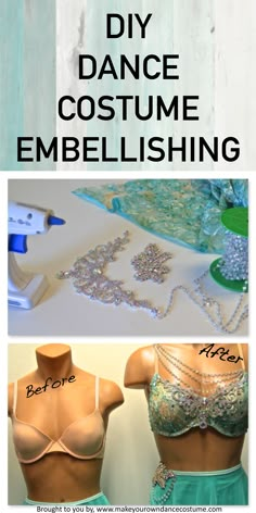 two pictures with the words diy dance costume embellishing