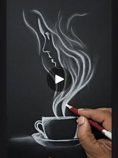 someone is drawing a woman's face with a cup of coffee