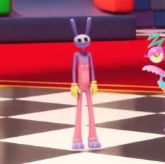 an animated character standing on a checkered floor