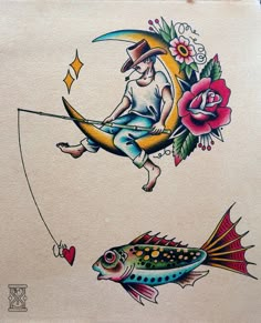 a drawing of a man fishing on the moon and fish