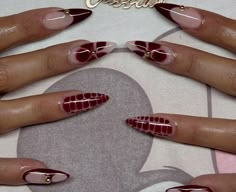 Red Nails With Simple Design, Mixed Match Nails, Burgundy Nails Designs Nailart, Red Long Nails Designs, Long Round Acrylic Nails, Burgundy Long Nails, Simple Burgundy Nails, Simple Red Nail Ideas, Nails Burgundy Design