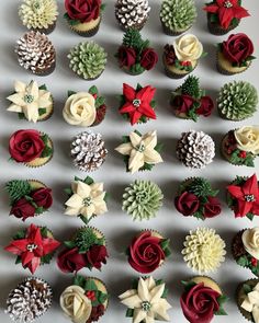 cupcakes decorated with flowers and pine cones