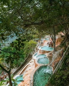 an outdoor swimming pool surrounded by trees