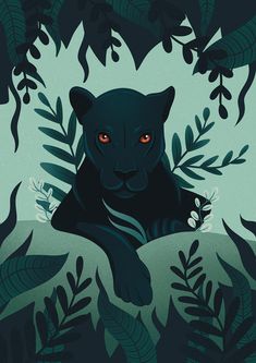 an illustration of a black panther surrounded by plants and leaves, with red eyes in the center