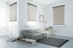 a living room with white walls and two windows covered in shades of grey, beige and brown