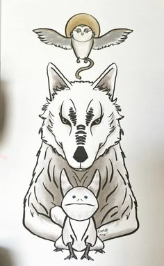 a drawing of an owl and a wolf with wings on their heads, sitting next to each other