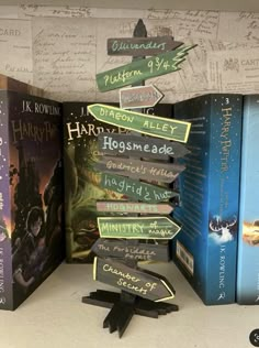 several harry potter books are stacked on top of each other with arrows pointing to them