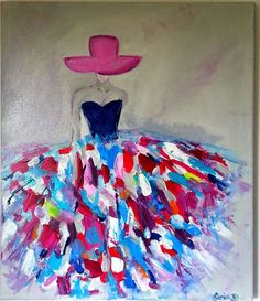 a painting of a woman with a pink hat on her head in a colorful dress