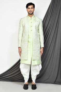 Sea green jacquard sherwani with floral woven patterns. Comes with plain sleeveless kurta and cream patiala pant. - Aza Fashions Patiala Pant, Green Sherwani, Sleeveless Kurta, Kurta Set For Men, Kurta Set, Jacquard Weave, Sea Green, Aza Fashion, Floral Pattern