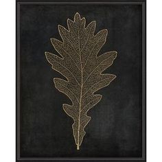 a black and gold leaf framed in a wooden frame