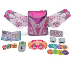 an assortment of toys including a backpack, sunglasses and other items are shown in this image