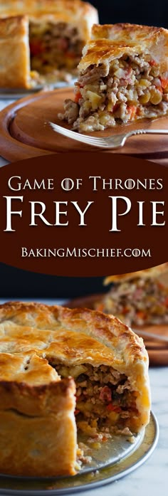 a close up of a pie on a plate with the words game of thrones fry pie