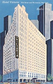 an advertisement for the victoria hotel in new york city, with skyscrapers and cars