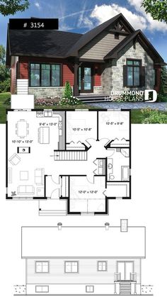 two story house plan with 3 bedroom and 2 bathrooms on each floor, in the middle of