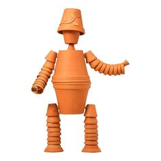 an orange robot made out of clay on a white background