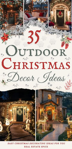 an outdoor christmas decor idea book with pictures of houses and lights on the front door