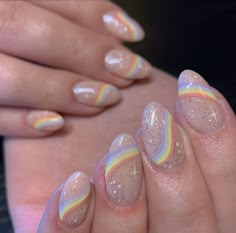 Short Almond Nails Designs Colorful, Pastel Space Nails, Unicorn Nails Designs Acrylic, Cosmic Nail Art, Cute Pastel Nail Art, Cute Rainbow Nails, Ideas For Almond Nails, Disco Ball Nails, Rainbow Glitter Nails