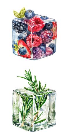 two ice cubes filled with berries and blueberries