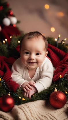 a smiling baby laying on top of a blanket next to christmas decorations