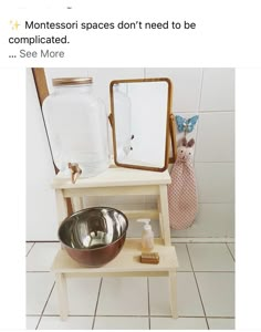 a wooden stand with a bowl and mirror on it